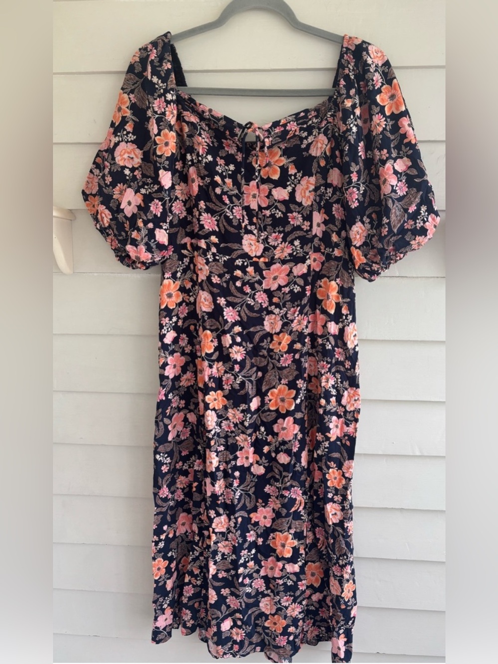 Old Navy Short Puff Sleeve Navy Floral Midi Dress Women’s Size Large NWT